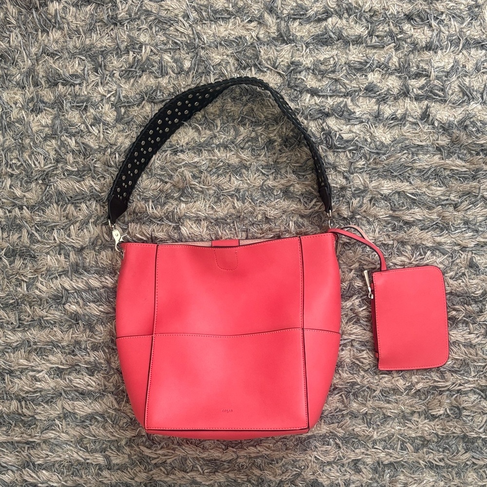 Colab Coral Shoulder Bag with Matching Zippered Pouch Silver Hardware